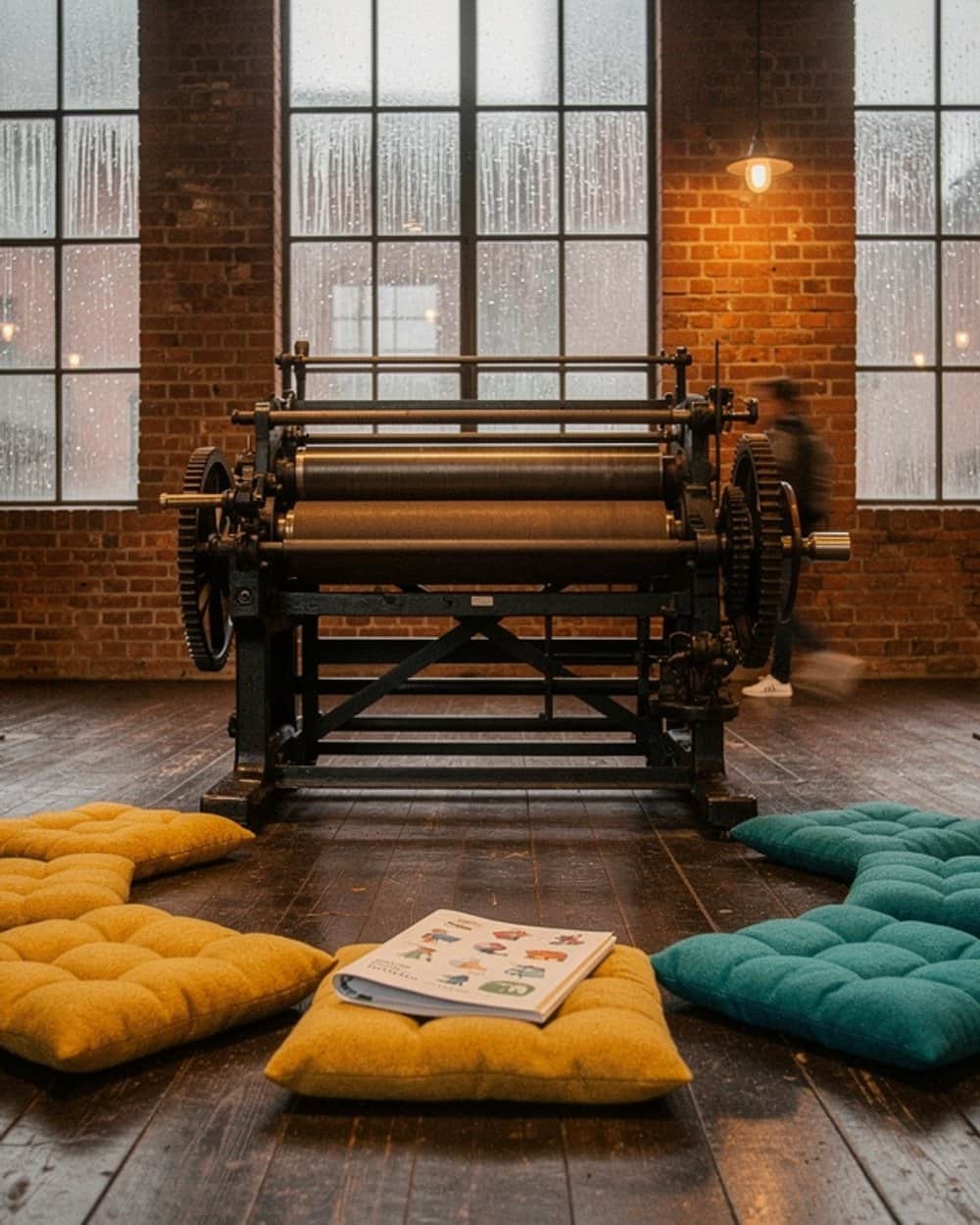 Museumshalle aus Backstein mit alter Druckmaschine, davor ein Halbkreis gelber und türkiser Sitzkissen, an den hohen Fenstern läuft Regen herunter.