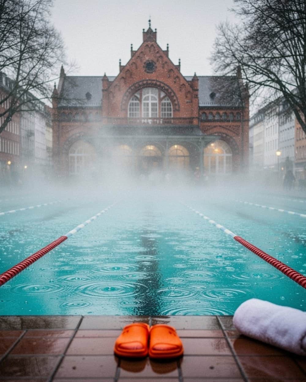 Dampf über dem türkisen Wasser eines Schwimmbeckens im Regen, dahinter der Backsteingiebel einer alten Badeanstalt.