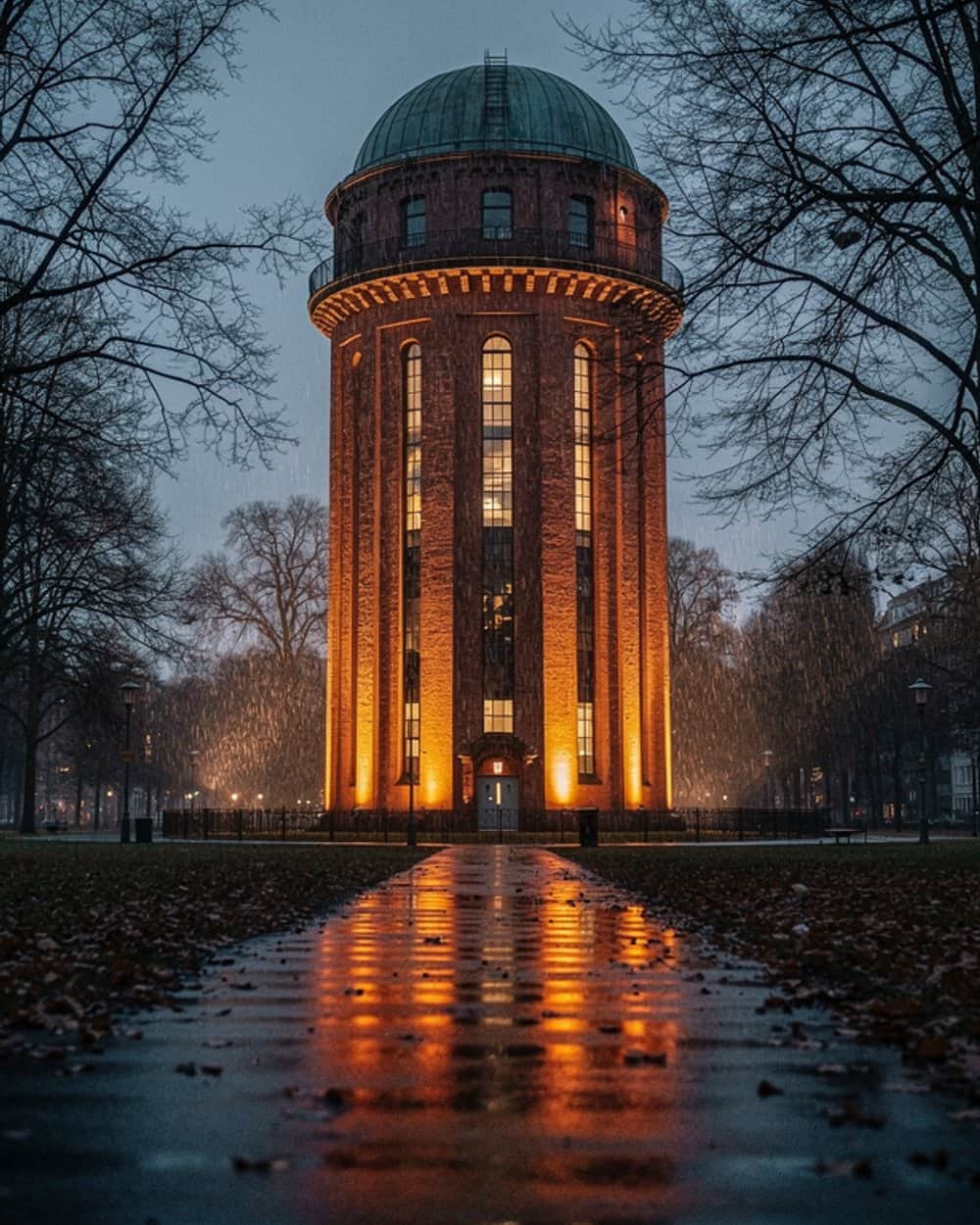 Runder Backsteinturm mit Kuppel, abends warm angestrahlt, davor ein nasser Parkweg, der das Licht spiegelt.