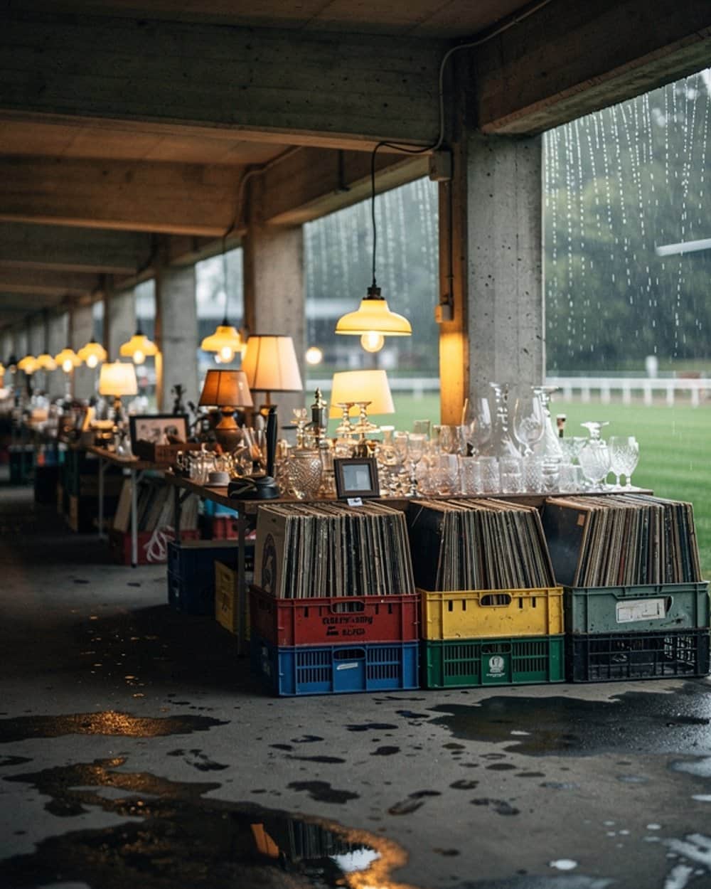 Überdachte Marktreihe unter einem Tribünendach: Tische voller Glaskaraffen und alter Tischlampen, davor Getränkekisten mit Schallplatten, draußen läuft Regen vor der grünen Rennbahn herunter.