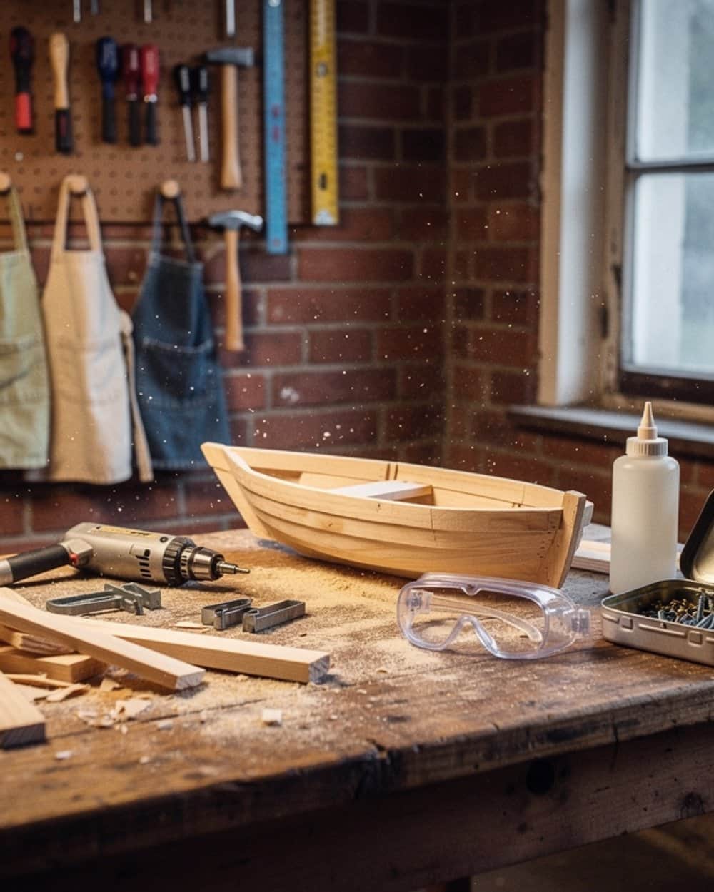 Werkstatttisch mit einem halbfertigen Holzboot, daneben Akkuschrauber, Schutzbrille und Leimflasche, dahinter Kinderschürzen an Haken und eine Werkzeugwand aus Lochblech.