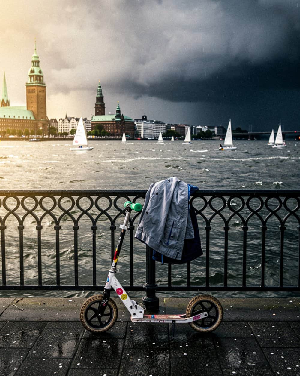 Kinderroller an einem schmiedeeisernen Alstergeländer, darüber hängt eine Regenjacke; dahinter Segelboote auf dem aufgewühlten Wasser und eine schwarze Gewitterfront über der Stadtsilhouette.