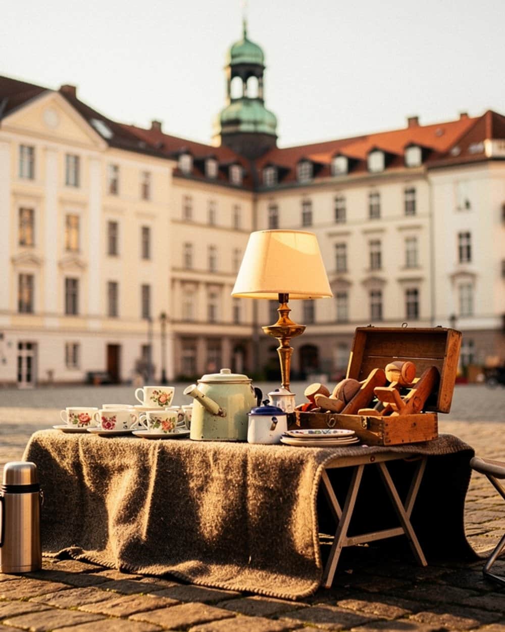 Flohmarktstand im Morgenlicht: ein Klapptisch mit Wolldecke, darauf geblümte Sammeltassen, eine Emailkanne, eine Messinglampe und ein Holzkoffer voller Spielzeug, dahinter die helle Fassade eines Stadtplatzes mit grüner Turmhaube.