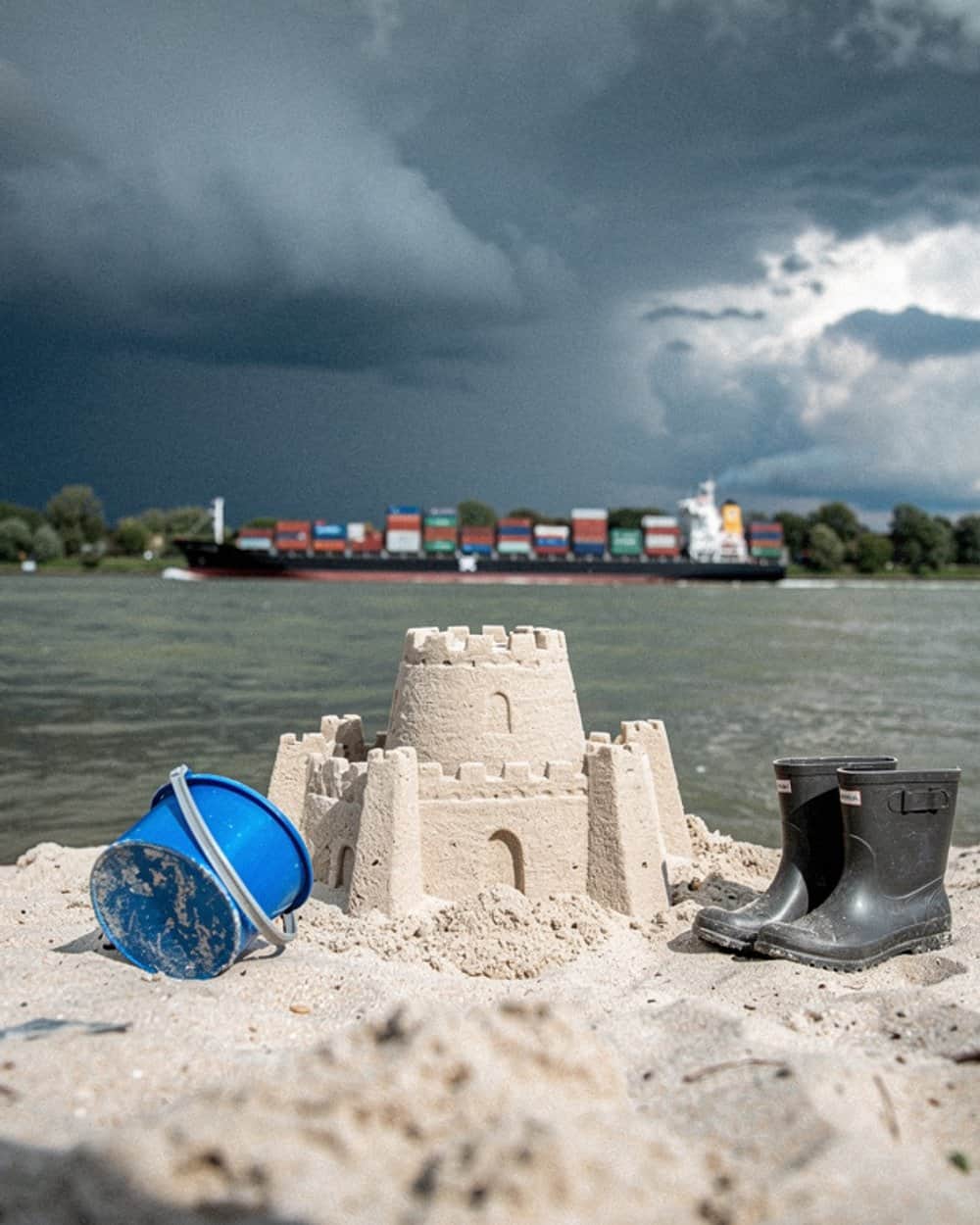 Sandburg mit Eimer und Kindergummistiefeln am Elbstrand, dahinter ein Containerschiff auf dem Wasser und eine dunkle Gewitterwand am Himmel.