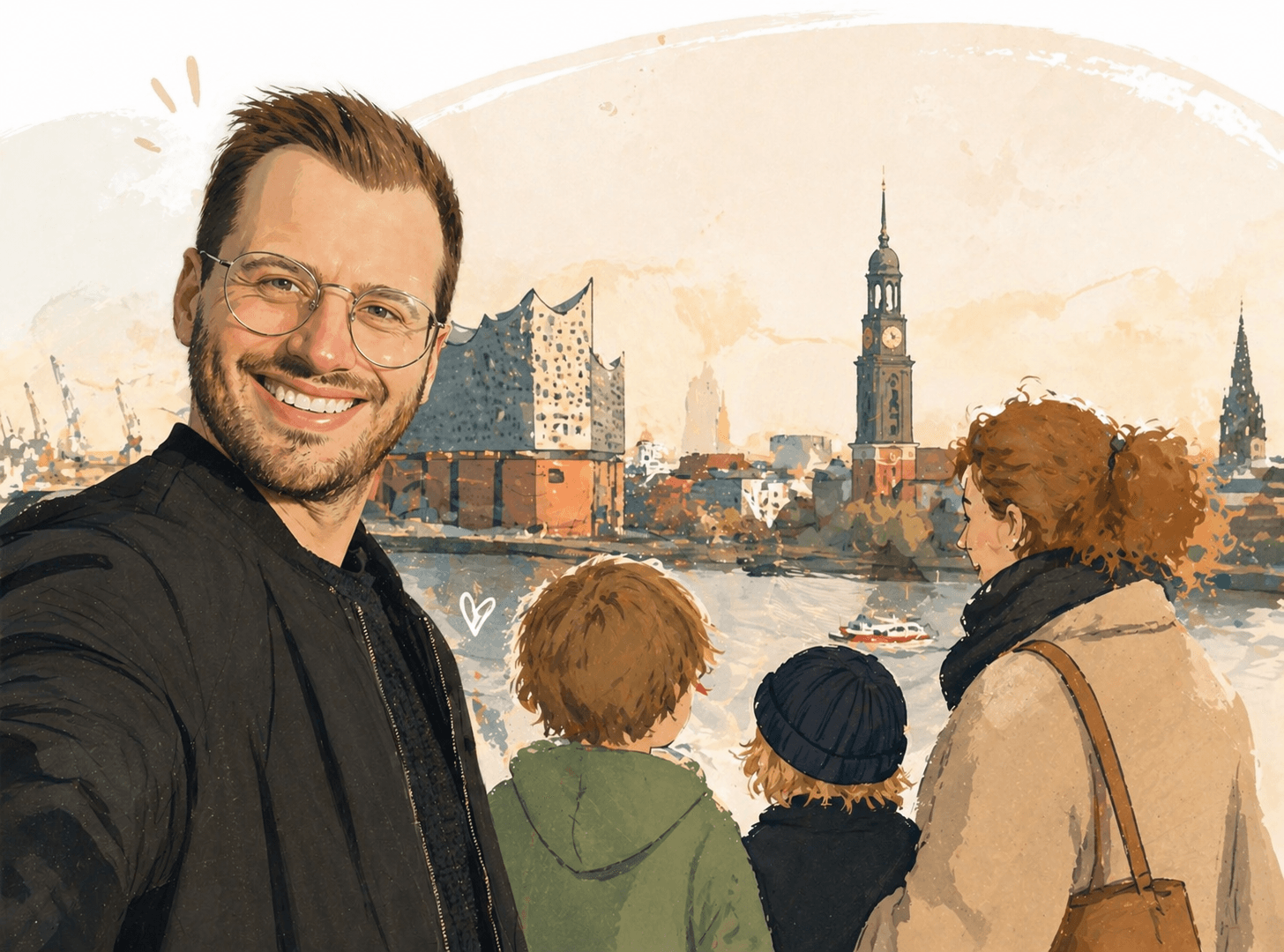 Peter mit seiner Familie an der Hamburger Hafenkante