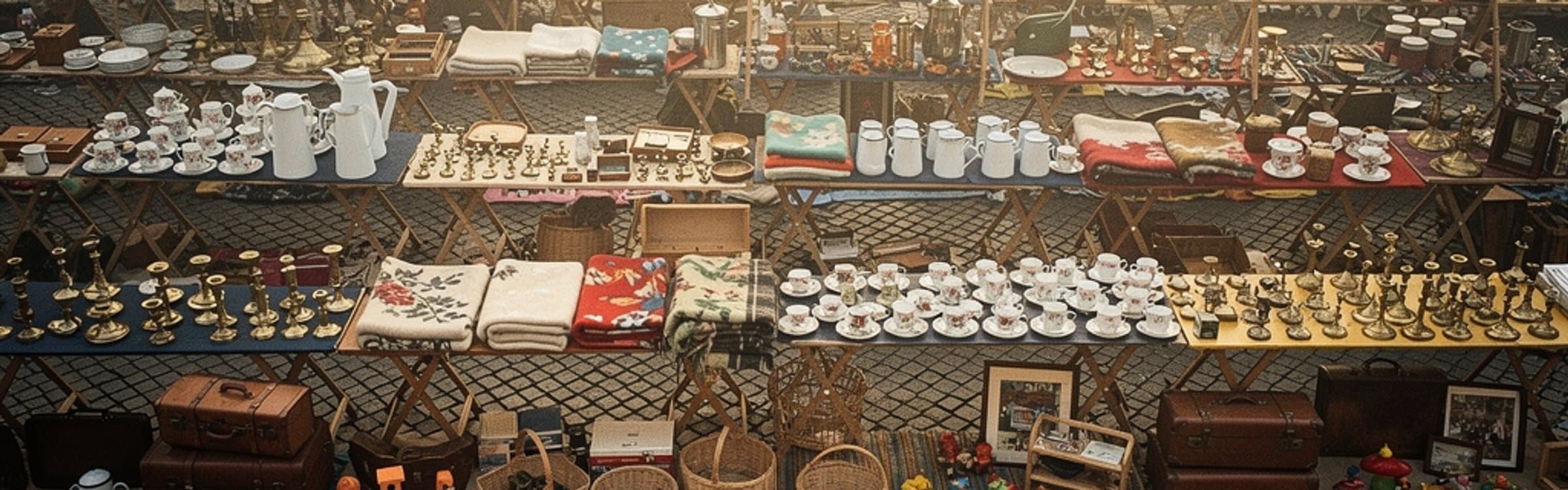 Blick von oben auf die Gassen eines Hamburger Flohmarkts: lange Tischreihen mit geblümtem Porzellan, weißen Emaillekannen, Messingleuchtern, gefalteten Wolldecken, Weidenkörben und Lederkoffern auf Kopfsteinpflaster.