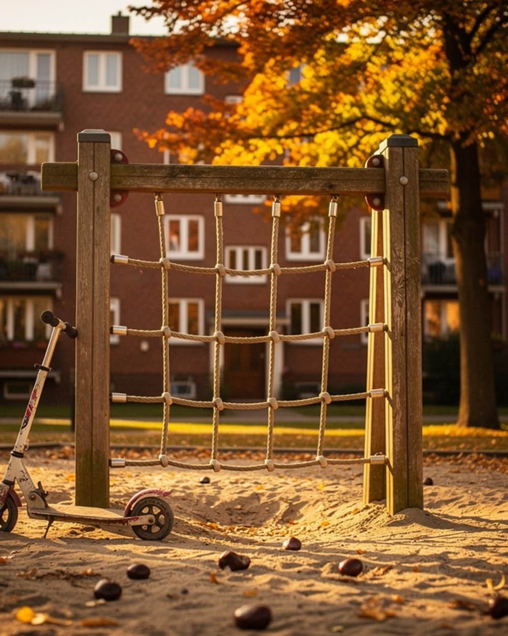 Kletternetz aus Tau auf einem Sandspielplatz vor einem Backsteinhaus, daneben ein abgestellter Roller, ringsum Herbstlaub.