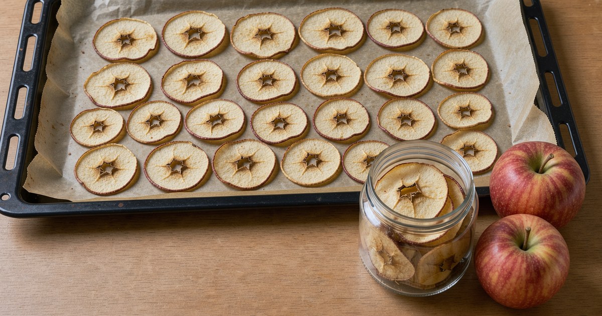 Ein Backblech mit Backpapier, dicht belegt mit rund zwanzig fertigen goldgelben Apfelchips in Reihen, jede Scheibe mit rotem Schalenrand und dem kleinen offenen Kernhaus in der Mitte