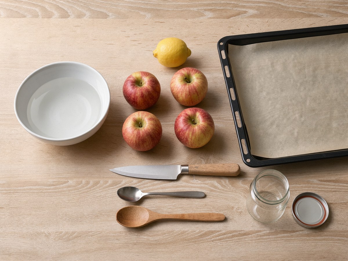 Flatlay auf hellem Holz: vier rotbackige Äpfel, eine Zitrone, eine weiße Schüssel mit Wasser, ein Backblech mit Backpapier, ein flach liegendes Küchenmesser mit der Schneide von den Äpfeln weg, ein Teelöffel, ein Kochlöffel und ein leeres Schraubglas mit Deckel