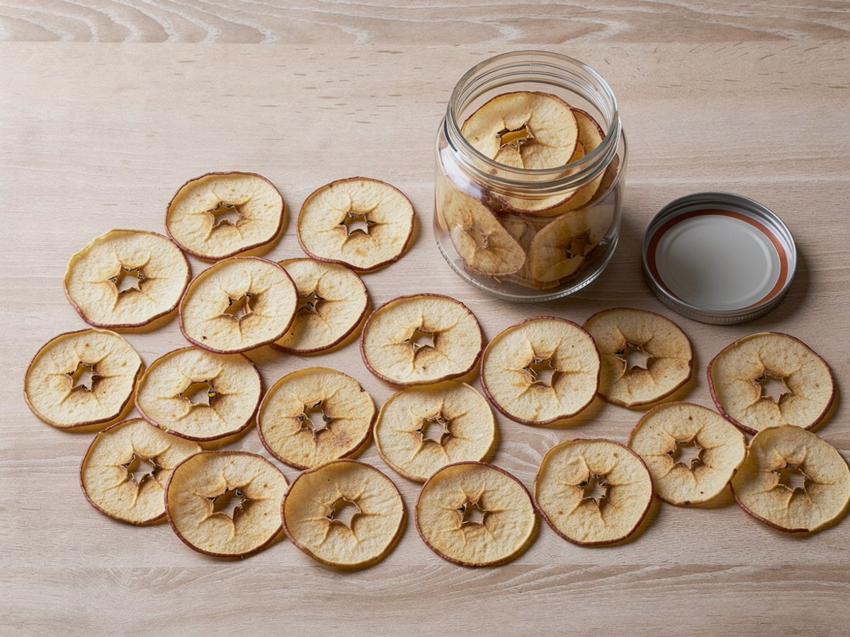 Rund zwanzig fertige goldgelbe Apfelchips mit rotem Schalenrand liegen ausgekühlt und lose auf dem Holztisch verteilt, dahinter steht das noch leere Schraubglas offen, sein Deckel liegt daneben