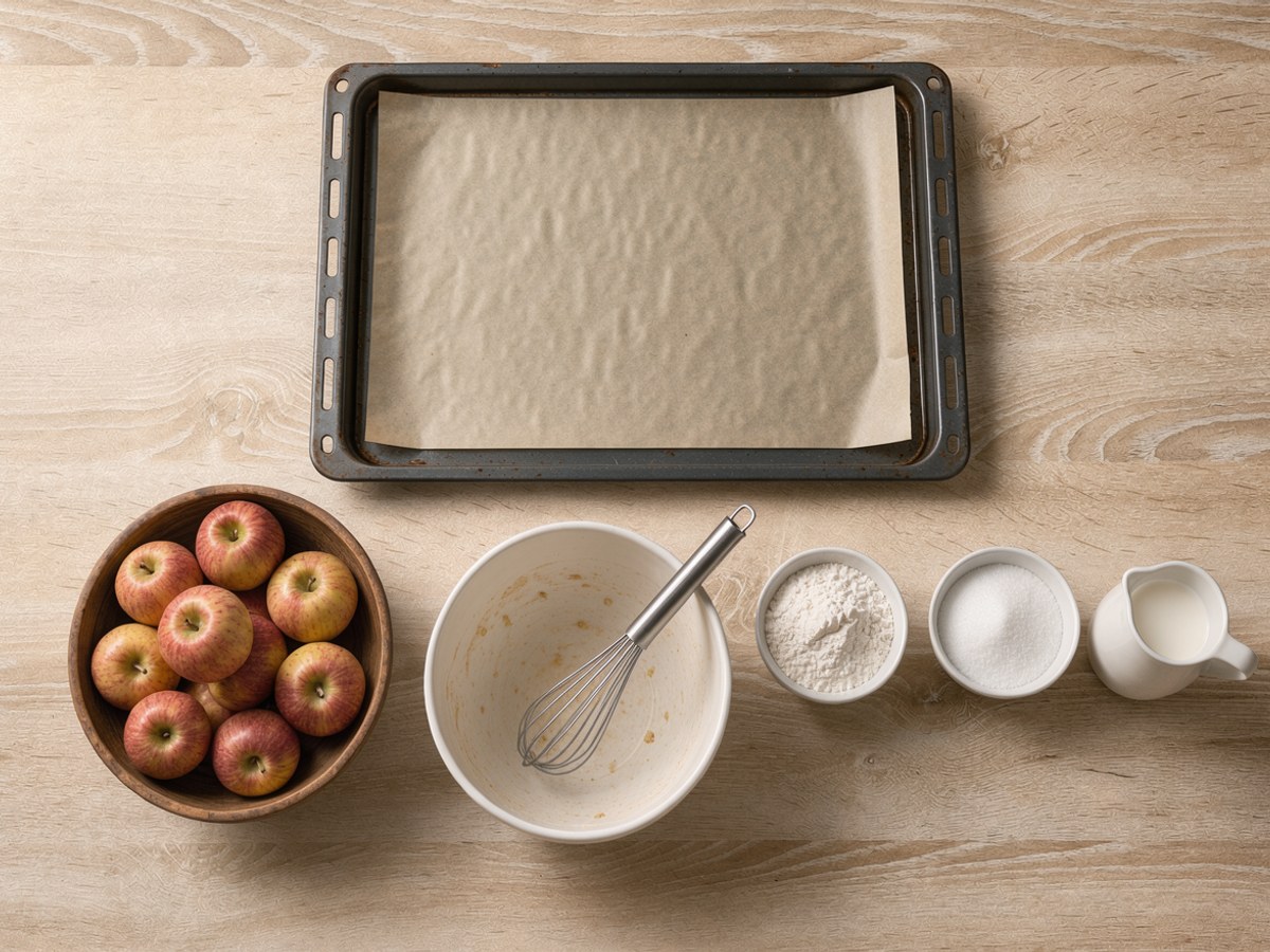 Flatlay auf hellem Holz: oben ein leeres Backblech mit Backpapier, darunter eine Holzschale voller ganzer rot-gelber Äpfel, eine große leere weiße Rührschüssel mit Schneebesen, ein Schälchen Mehl und ein kleiner Krug Milch