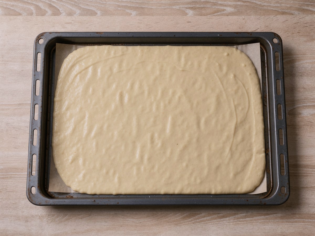 Ein Backblech mit Backpapier, darauf eine gleichmäßig glattgestrichene Schicht hellgelber Rührteig, die bis in die Ecken reicht