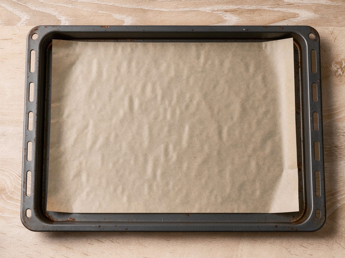 Von oben: ein leeres dunkles Backblech, mit einem Bogen Backpapier ausgelegt, das glatt und flach bis in alle vier Ecken aufliegt