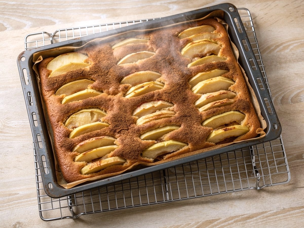 Das Backblech mit dem frisch gebackenen Apfelkuchen steht auf einem Kuchengitter: goldbraun aufgegangener Teig zwischen den Reihen weicher, goldener Apfelspalten mit Zimtzucker
