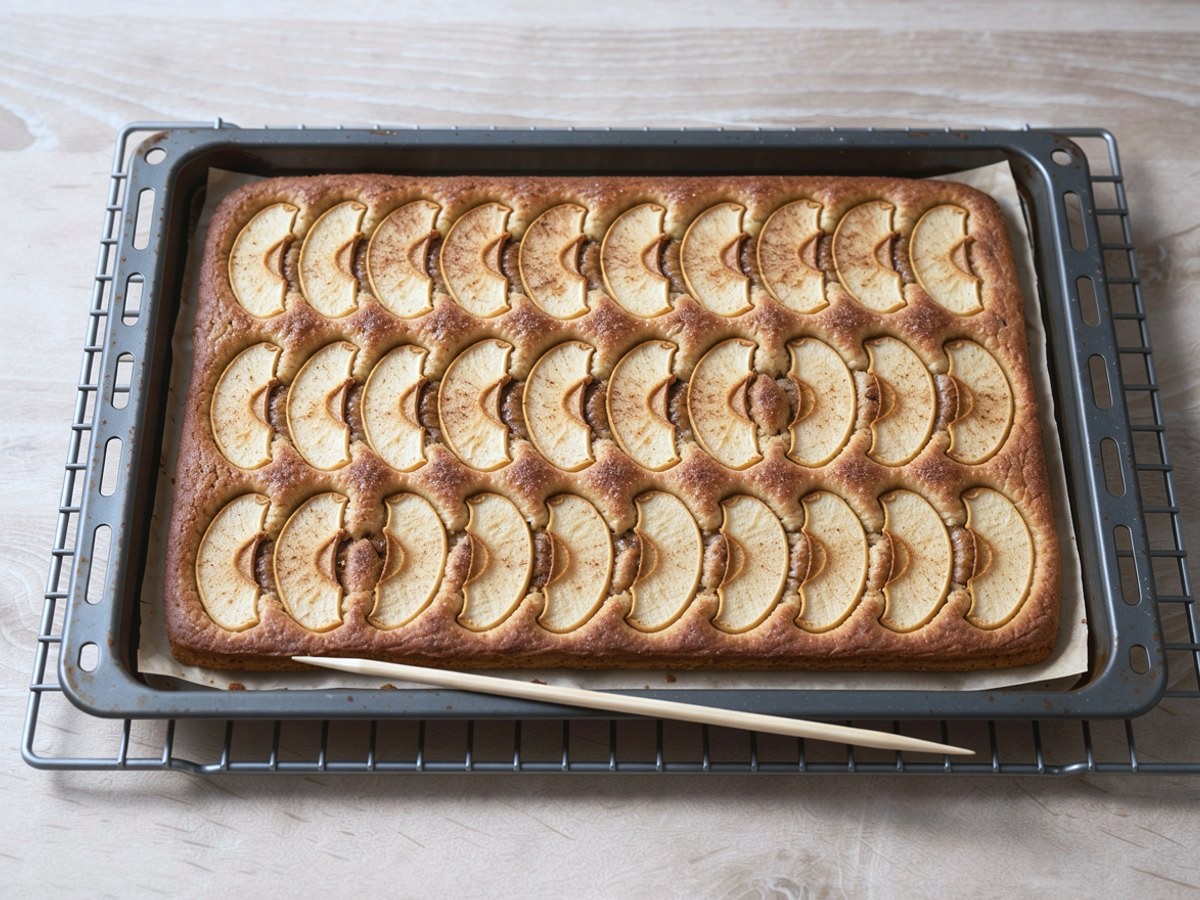 Ein langes Holzstäbchen liegt sauber, ohne Teigreste, quer über dem Rand des Blechs mit dem goldbraunen Apfelkuchen; in der Kuchenmitte ein kleines Einstichloch