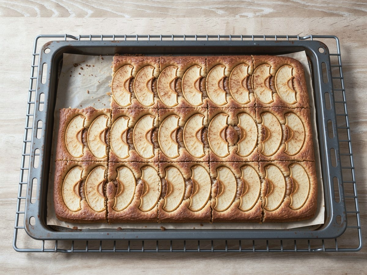 Von oben: der ausgekühlte Apfelkuchen im Blech, in gleich große Quadrate geschnitten; an einer Ecke fehlt bereits ein Stück