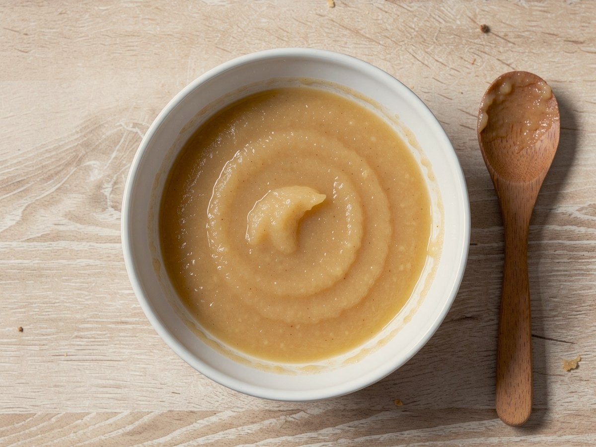 Von oben: eine weiße Schüssel fast randvoll mit glattem, hellgelbem Apfelmus, die Oberfläche zu einer Spirale gestrichen; daneben auf dem Holztisch ein Holzlöffel mit einem Rest Mus