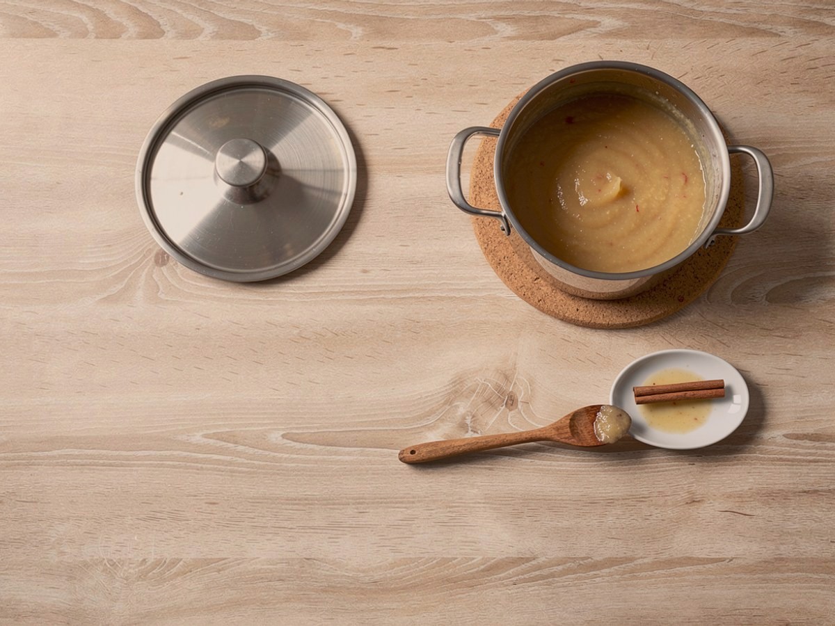 Im Topf auf dem Untersetzer ist das Apfelmus jetzt glatt püriert, daneben liegt die herausgefischte Zimtstange auf einer kleinen Untertasse.
