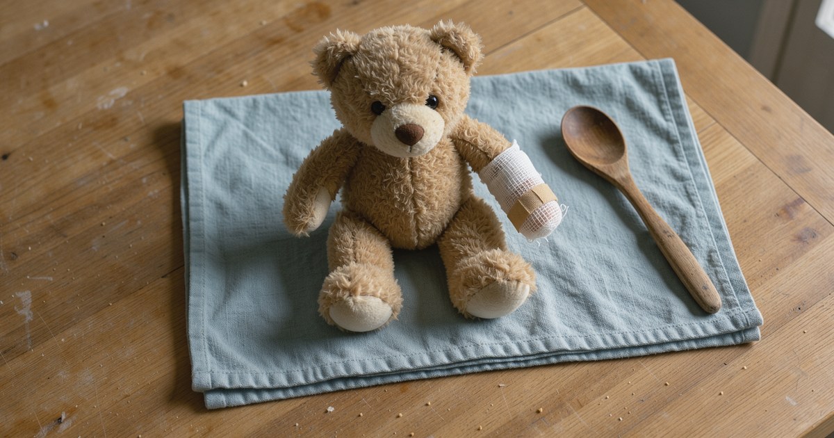 Ein hellbrauner Teddy sitzt von oben gesehen auf einem gefalteten blauen Küchentuch auf dem Holztisch, eine Vorderpfote ist weiß verbunden und mit einem Pflaster beklebt, daneben liegt ein Holzlöffel