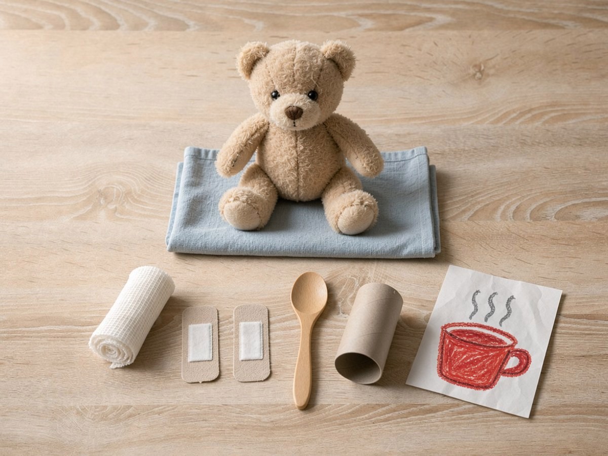 Rechts neben dem Teddy und dem Arztmaterial liegt ein Blatt Papier mit einer einzigen Wachsmalzeichnung: eine rote Tasse, aus der grauer Dampf aufsteigt
