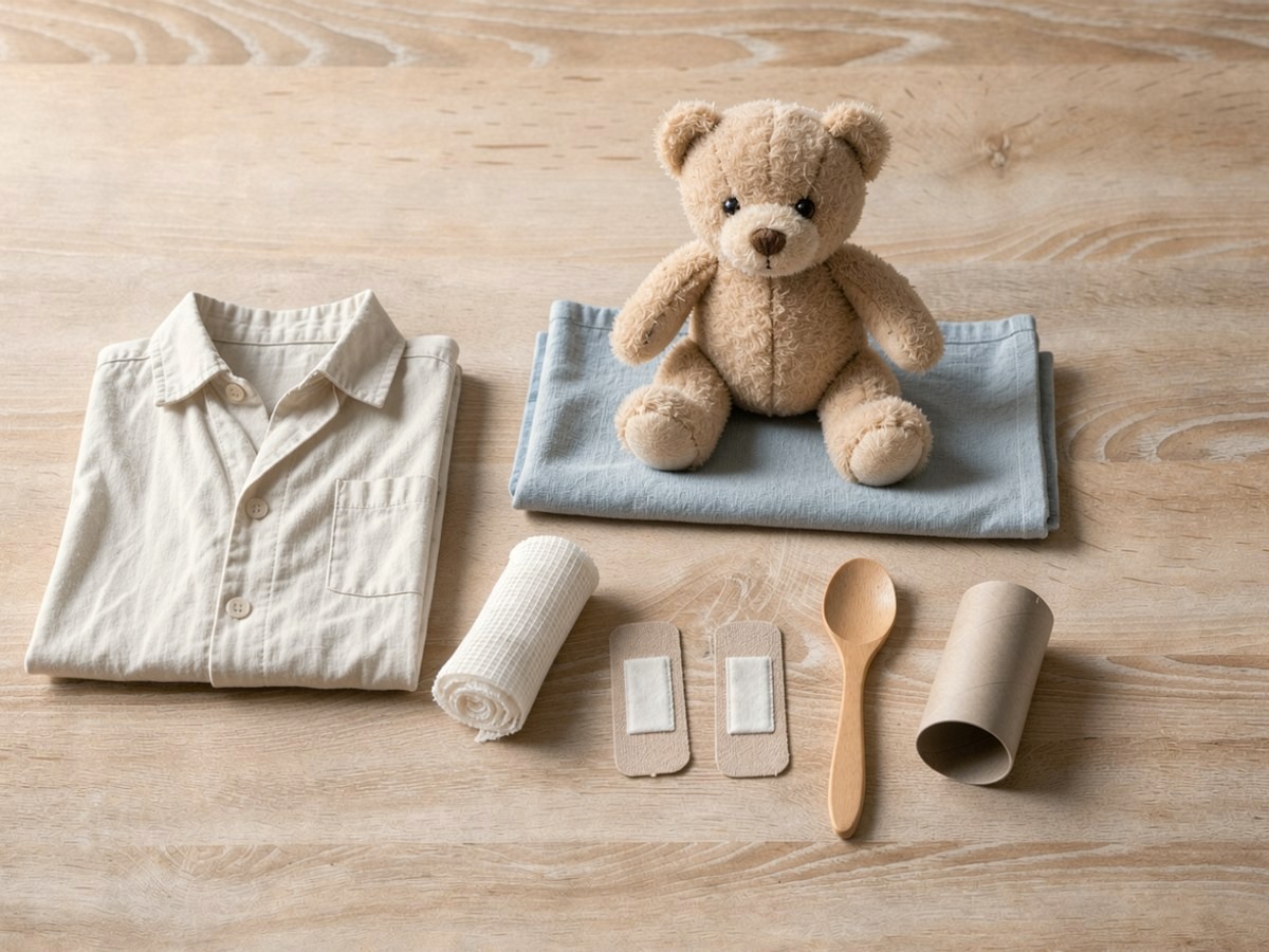 Das hellblaue Küchentuch liegt ausgebreitet als Liege, darauf sitzt der Teddy; daneben liegen Mullbinde, zwei Pflaster, Holzlöffel und Klorolle, dazu ein zusammengelegtes weißes Hemd als Kittel.