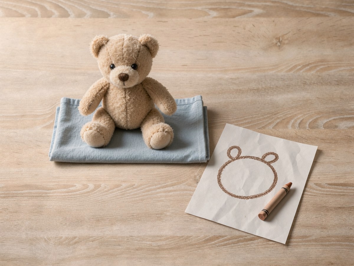Neben dem Teddy liegt die Karteikarte: ein Blatt mit einem braunen Wachsmalkreis und zwei runden Ohren obendrauf.