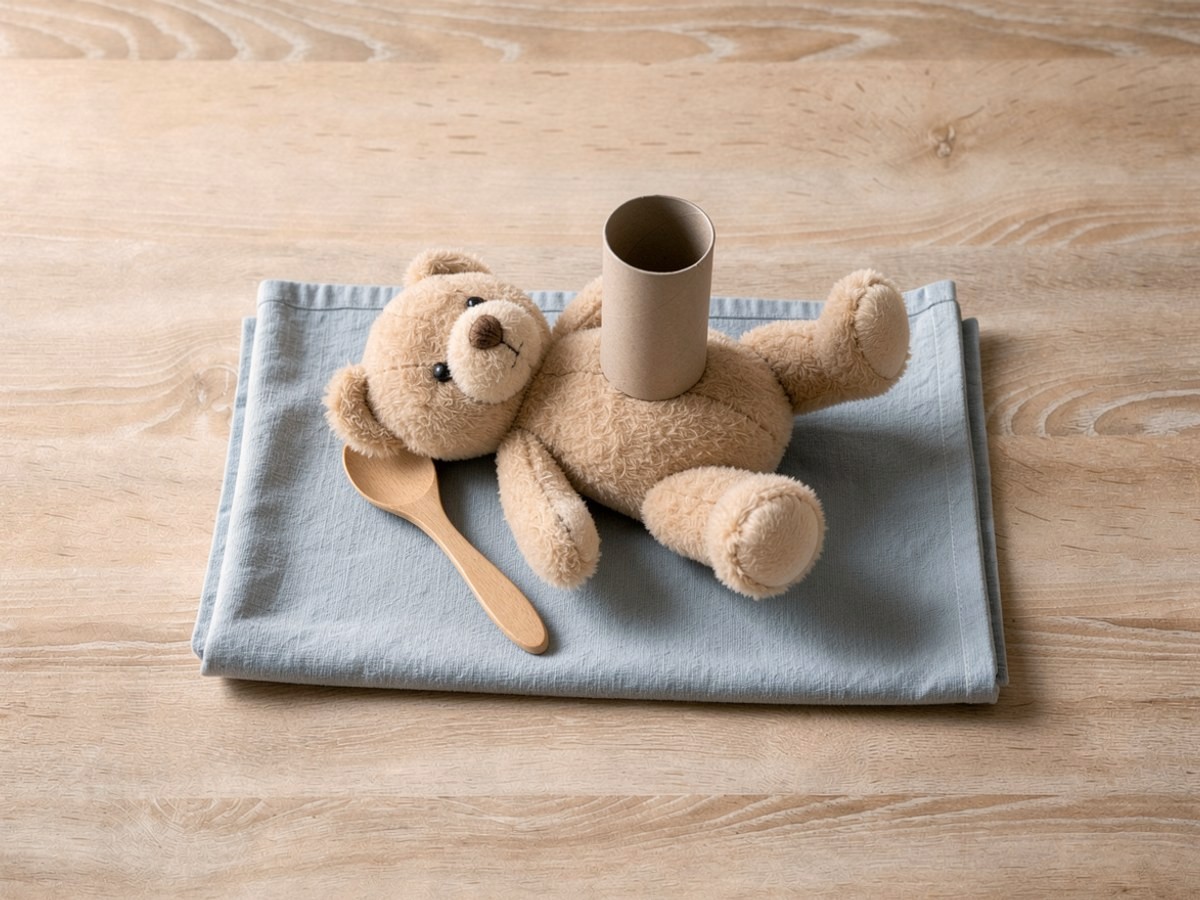 Der Teddy liegt auf dem Rücken auf dem hellblauen Tuch, auf seinem Bauch steht die leere Klorolle wie ein Hörrohr, der Holzlöffel liegt neben seinem Kopf.