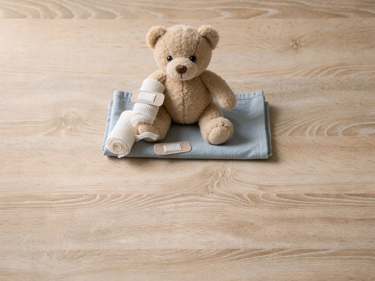 Um die rechte Vorderpfote des Teddys ist die weiße Mullbinde kreuz und quer gewickelt, ein beiges Pflaster hält das Ende fest; daneben liegt der Rest der Binde.