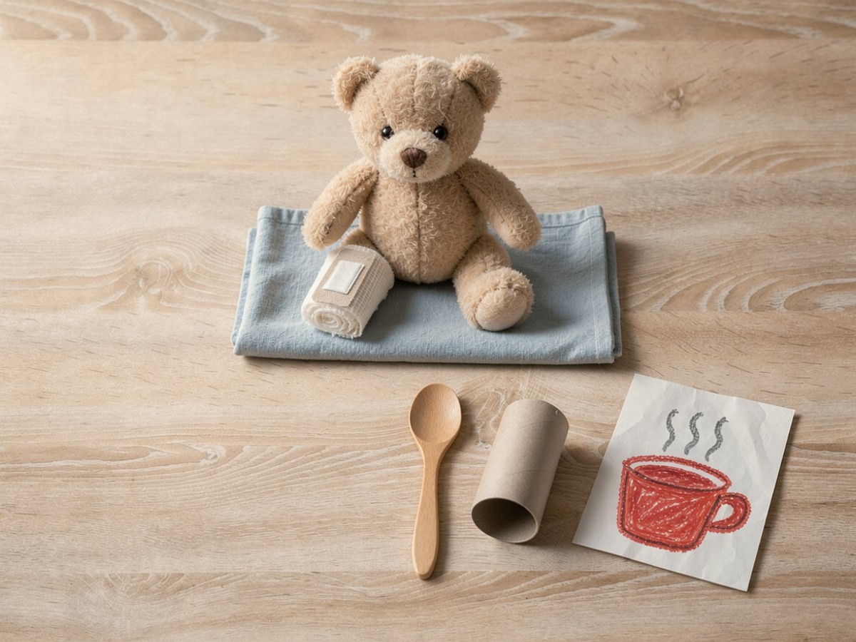 Die Praxis bleibt stehen: Der Teddy sitzt mit verbundener Pfote auf dem Tuch, daneben liegen Löffel, Klorolle und das Rezept mit der roten Tasse.