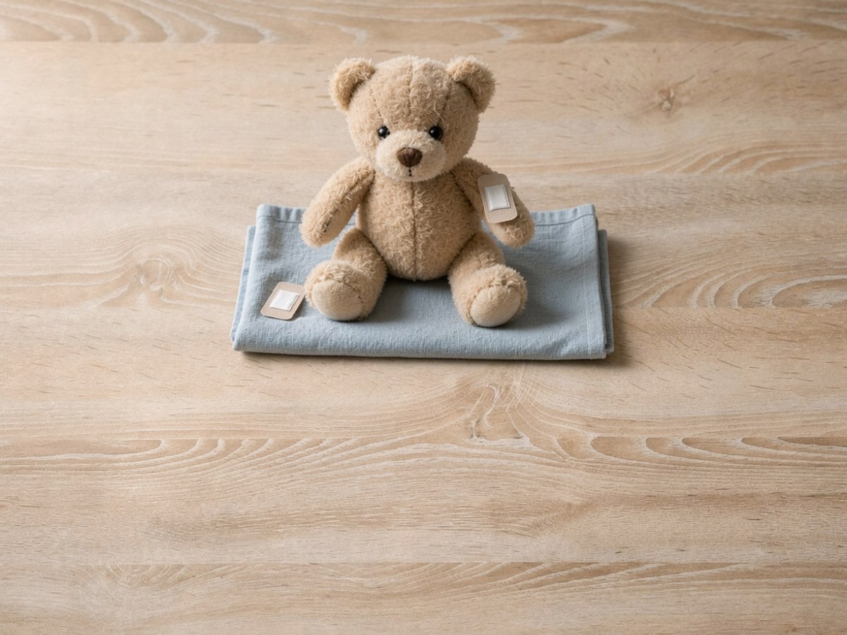 Der Teddy sitzt auf dem hellblauen Tuch, auf seinem linken Oberarm klebt ein beiges Pflaster, das zweite Pflaster liegt daneben.