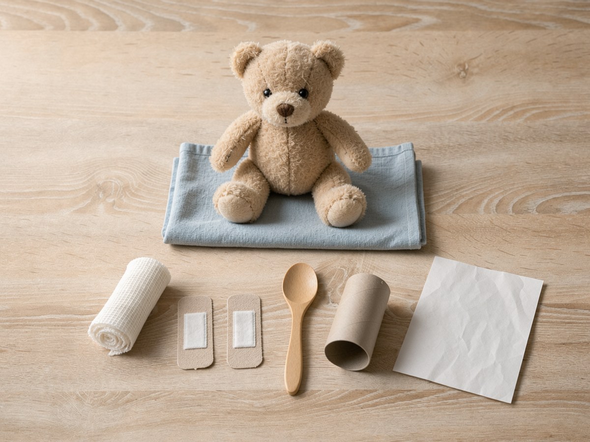Material von schräg oben auf hellem Holz: ein hellbrauner Teddy sitzt auf einem gefalteten blauen Küchentuch, davor liegen eine gerollte weiße Mullbinde, zwei Pflaster, ein kleiner Holzlöffel und eine aufrecht stehende leere Klopapierrolle, rechts ein leeres weißes Blatt