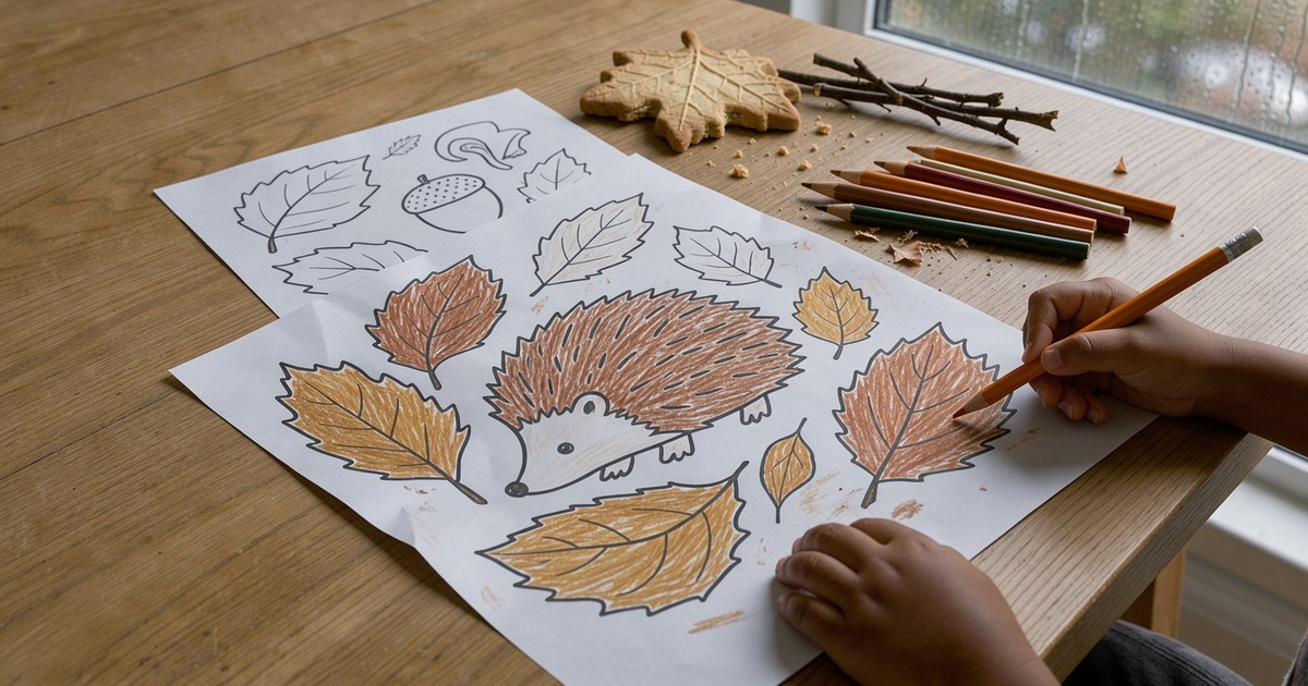 Kinderhände malen mit dicken Buntstiften ein ausgedrucktes Ausmalbild mit Igel und Herbstblättern aus, ein Blatt ist schon in Rostrot und Ocker ausgemalt