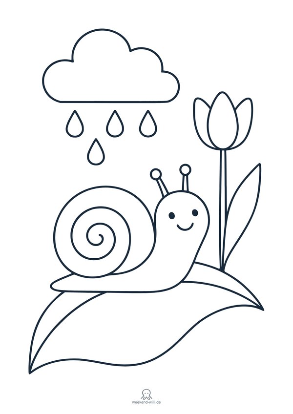 Vorschau der Ausmalseite „Schnecke im Regen“ auf DIN A4: schwarze Umrisszeichnung auf weißem Grund