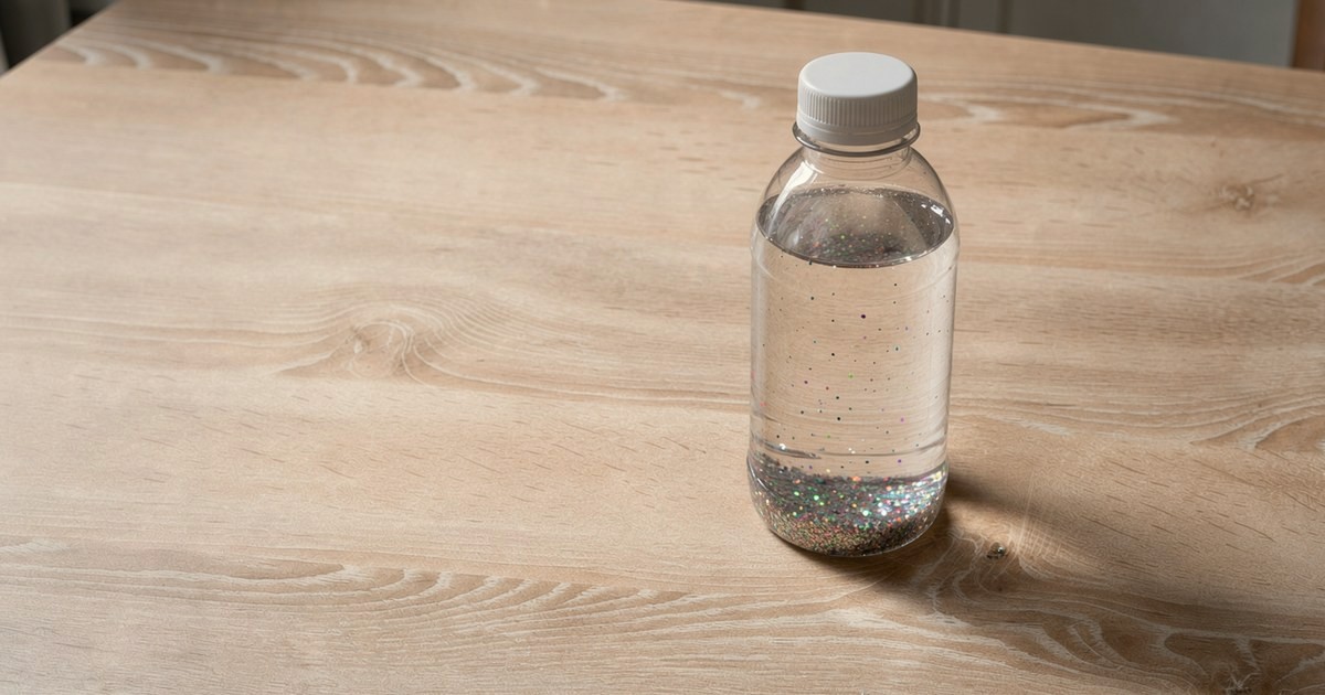 Eine schlichte, klare Flasche mit geschlossenem weißem Schraubdeckel steht auf hellem Holz, am Boden liegt eine dicke bunte Schicht Glitzer, ein paar einzelne Flocken schweben noch im klaren Wasser darüber