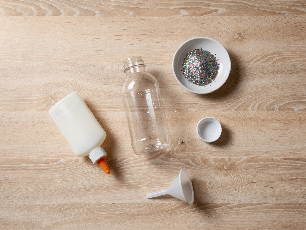 Von oben auf hellem Holz: eine leere klare Flasche ohne Etikett mit eigenem Deckel daneben, eine kleine weiße Schale mit buntem Glitzer, eine weiße Flasche Bastelkleber mit orangem Verschluss und ein kleiner weißer Trichter