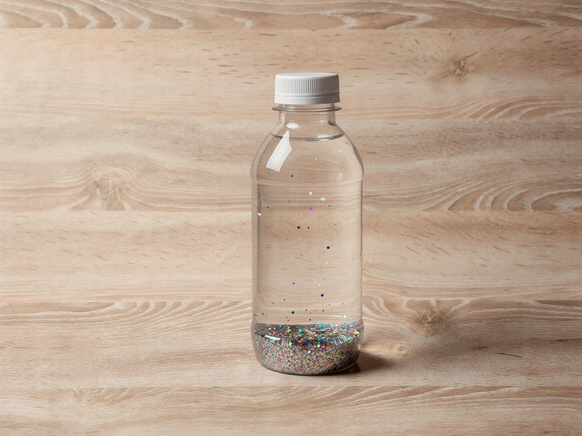 Die fest verschlossene Flasche steht allein auf hellem Holz, am Boden liegt eine dicke bunte Schicht Glitzer, nur noch ein paar einzelne Flocken schweben im klaren Wasser darüber