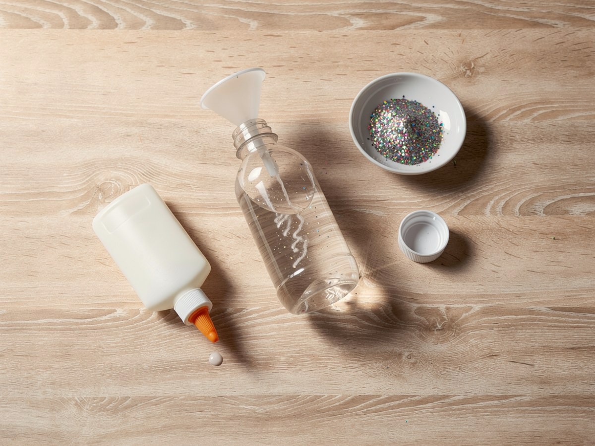 Die Flasche ist gut zur Hälfte mit Wasser gefüllt, im Hals steckt der Trichter, im Wasser sinken klare Kleberschlieren, daneben liegt die Kleberflasche.