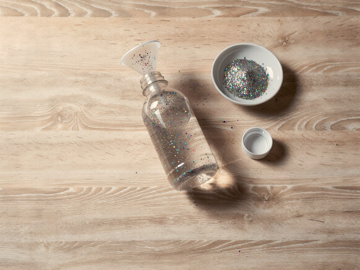 Im Wasser der Flasche wirbelt frisch eingestreuter bunter Glitzer, im Hals steckt noch der Trichter, das Schälchen daneben ist nur noch halb voll.