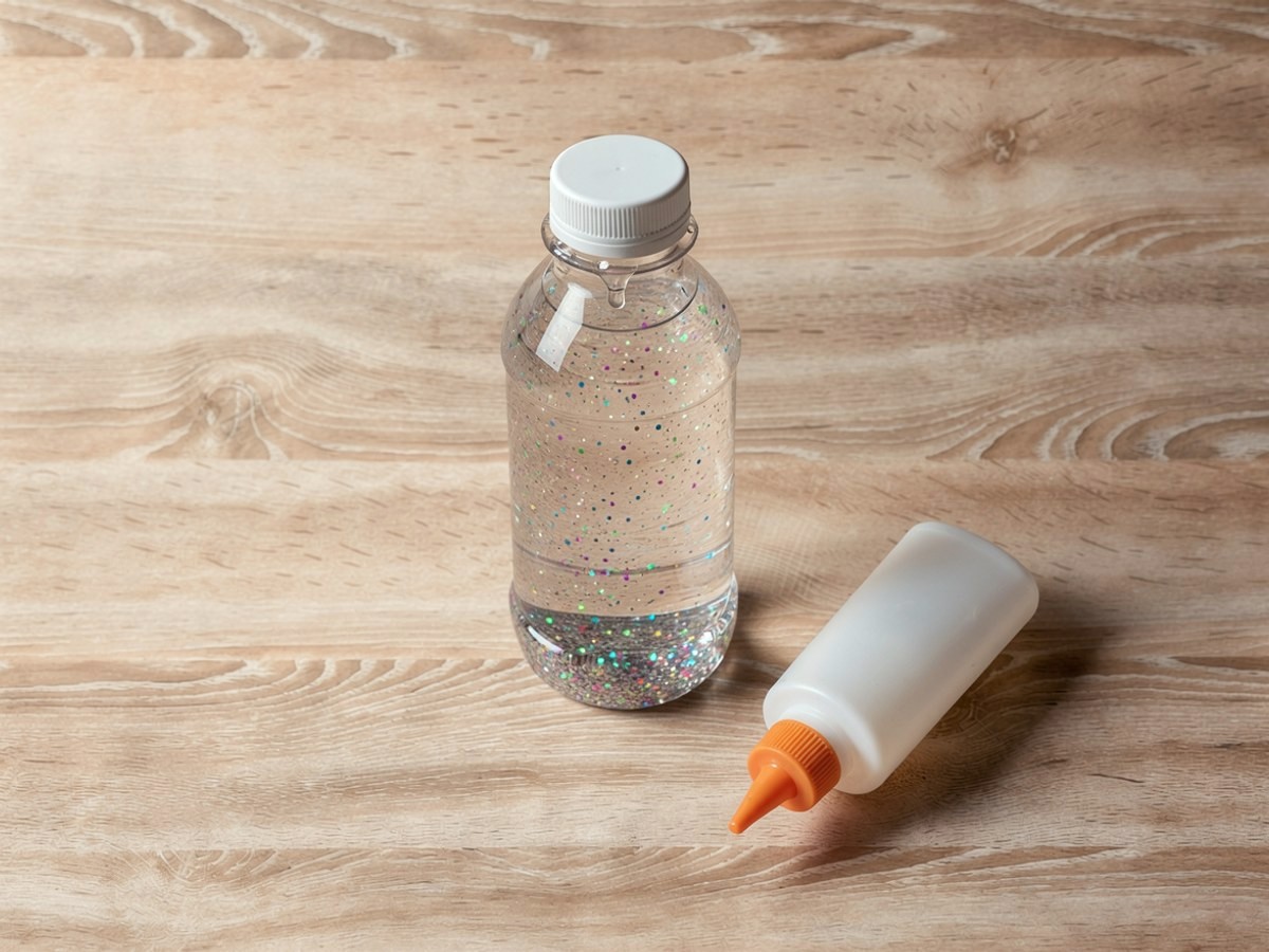 Die Flasche ist voll und fest zugeschraubt, rund um den Rand des weißen Deckels glänzt eine frische Raupe aus Kleber, daneben liegt die Kleberflasche.