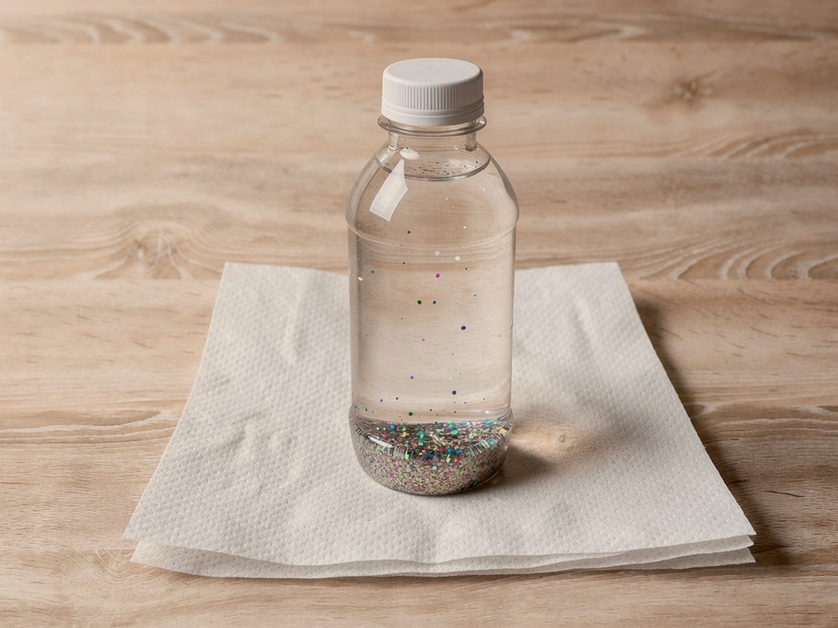 Die verschlossene Flasche steht zum Trocknen allein auf einem gefalteten Küchenpapier, der Glitzer hat sich am Boden abgesetzt.