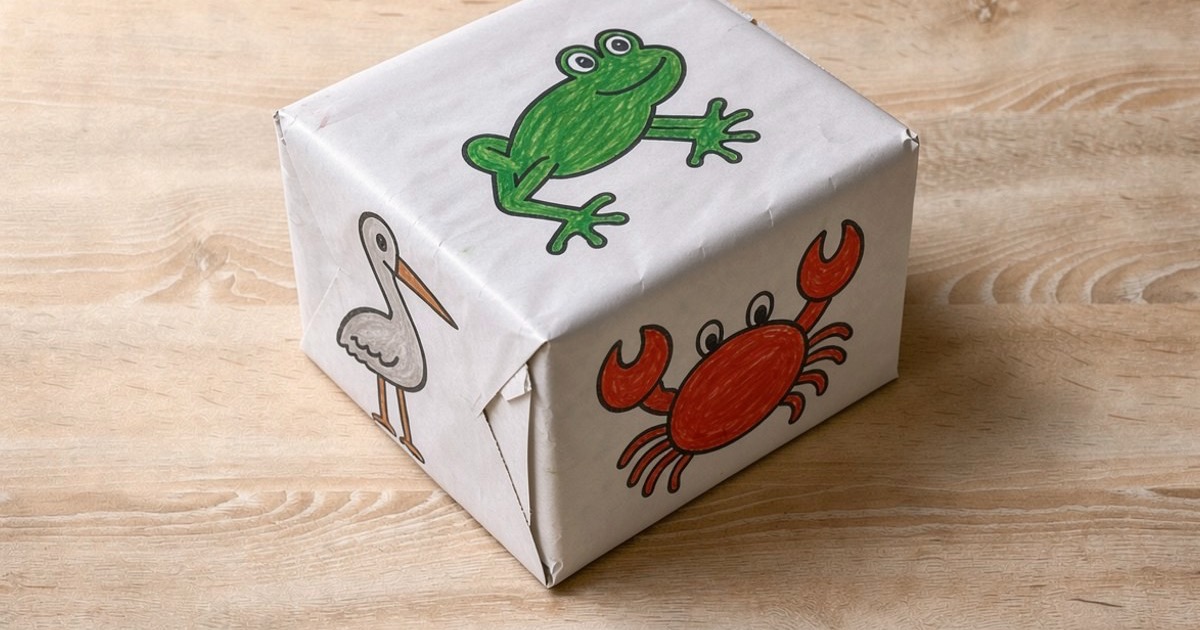 Der fertige Bewegungswürfel steht auf hellem Holz, drei mit dicken Filzstiften gemalte Tiere sind sichtbar: ein grüner Frosch beim Sprung, ein grauer Storch auf einem Bein und ein roter Krebs mit großen Scheren.