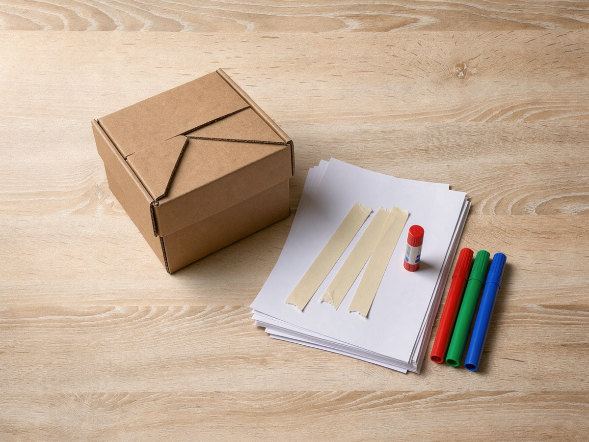 Von oben auf hellem Holz: ein geschlossener brauner Karton, ein Stapel weißes Papier, drei abgerissene beige Klebebandstreifen, ein Klebestift und drei dicke Filzstifte in Rot, Grün und Blau.