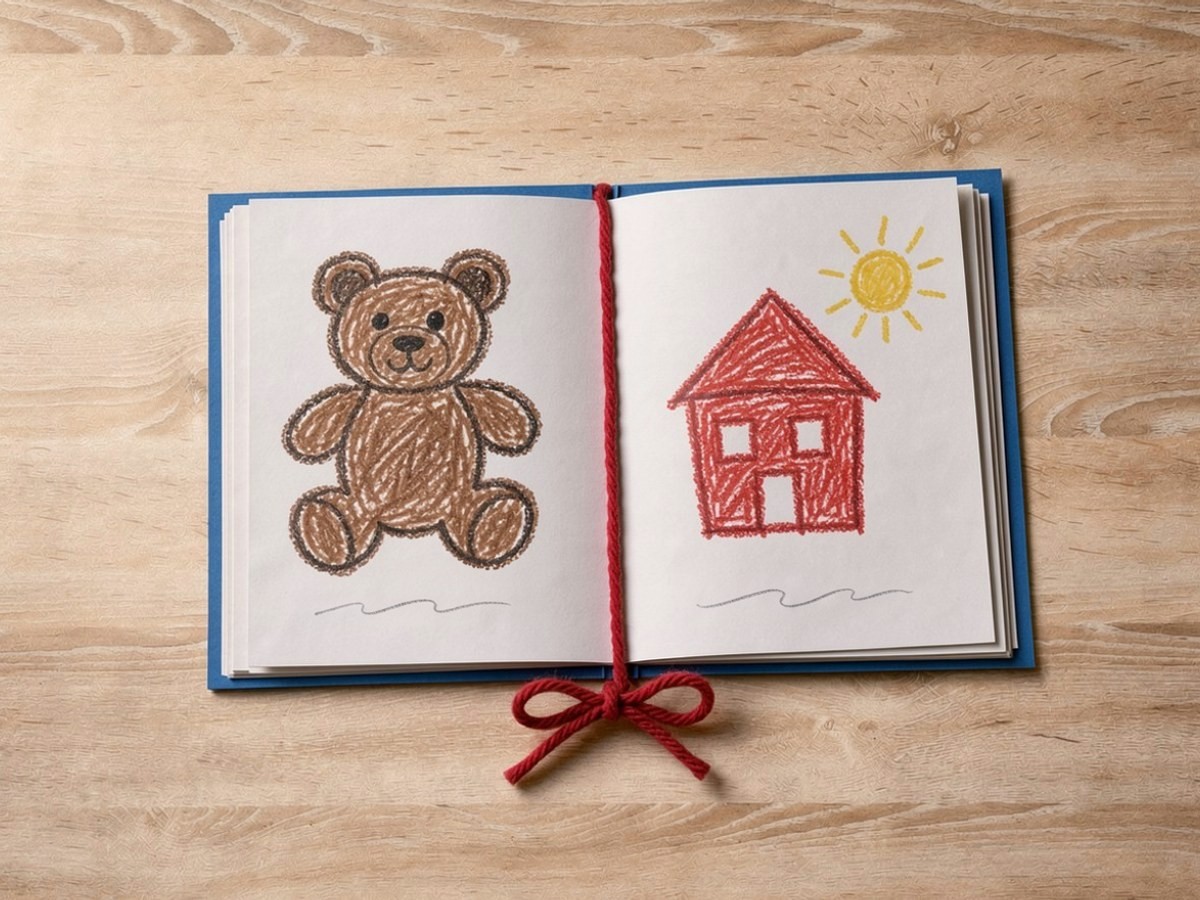 Von oben: das aufgeschlagene Büchlein mit Teddy links und Haus mit Sonne rechts, im freien Streifen unter jedem Bild liegt eine feine graue Bleistiftlinie