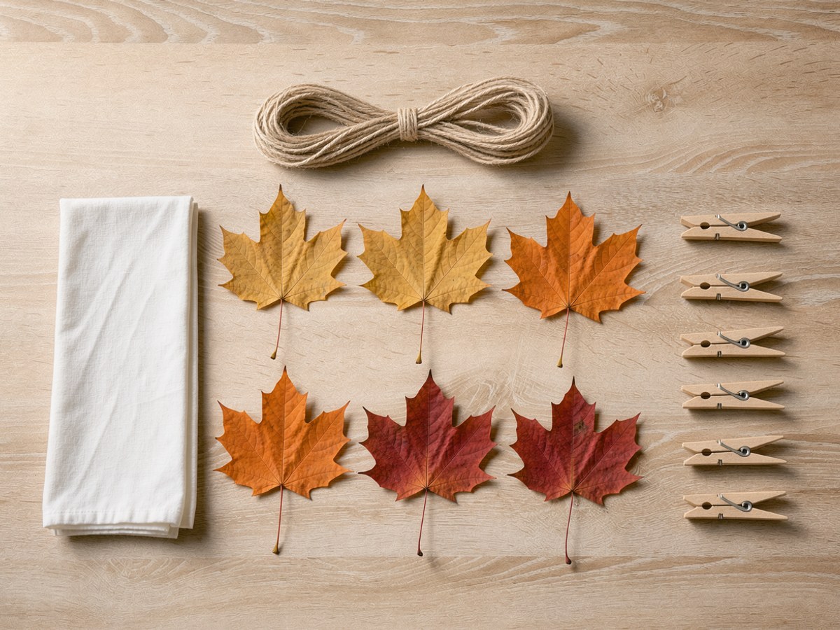 Flatlay auf hellem Holz: ein gefaltetes weißes Tuch, ein Bündel Juteschnur, vier Ahornblätter in Gelb, Orange und Rot und daneben hölzerne Wäscheklammern in drei Reihen