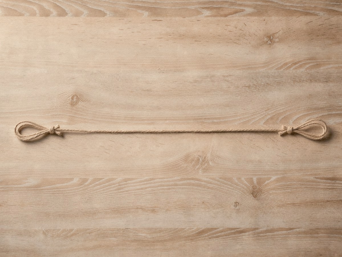 Die zugeschnittene Juteschnur liegt gerade ausgestreckt auf dem Holztisch, an beiden Enden ist eine kleine Schlaufe geknotet