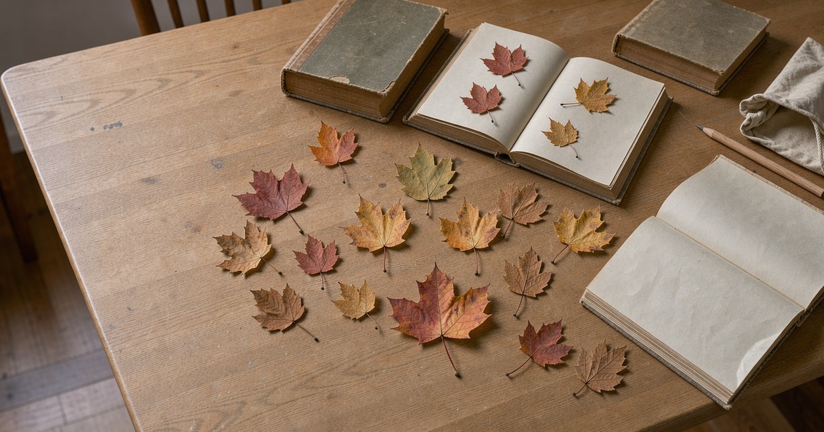 Ein aufgeschlagenes dickes Buch mit leeren Seiten liegt auf hellem Holz, auf den Seiten und rundherum auf dem Tisch liegen flach gepresste Herbstblätter in Rot, Orange und Gelb