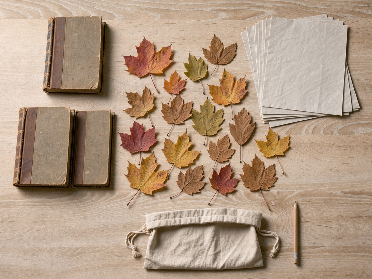 Flatlay auf hellem Holz: ein Haufen bunter Herbstblätter, ein dickes altes Buch und zwei weitere Bücher zum Beschweren, ein Stapel Papierbögen, ein Stoffbeutel und ein Bleistift
