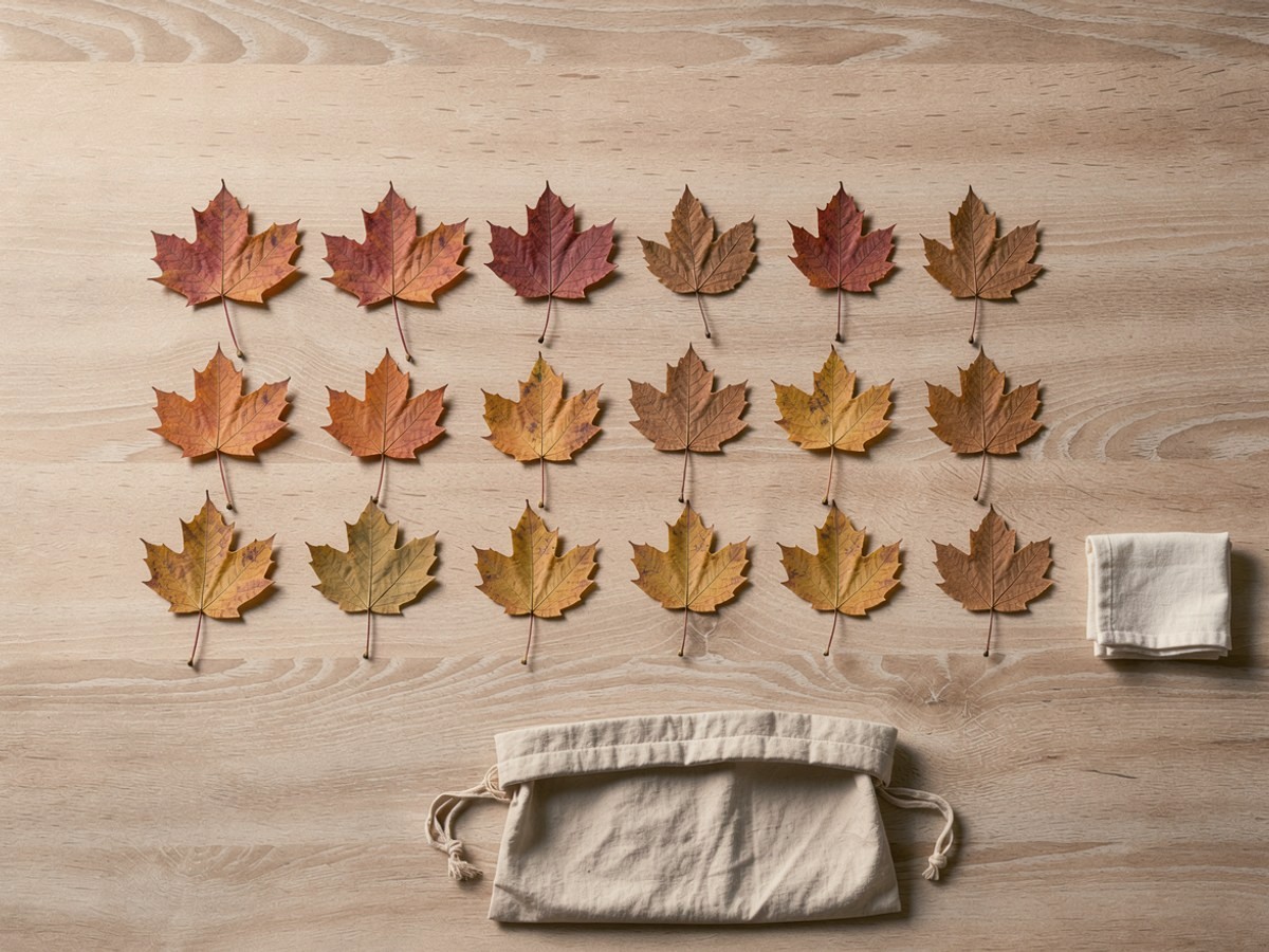 Bunte Herbstblätter liegen abgewischt und nach Farben sortiert in drei Reihen auf einem hellen Holztisch, daneben das zusammengelegte Tuch und der leere Stoffbeutel