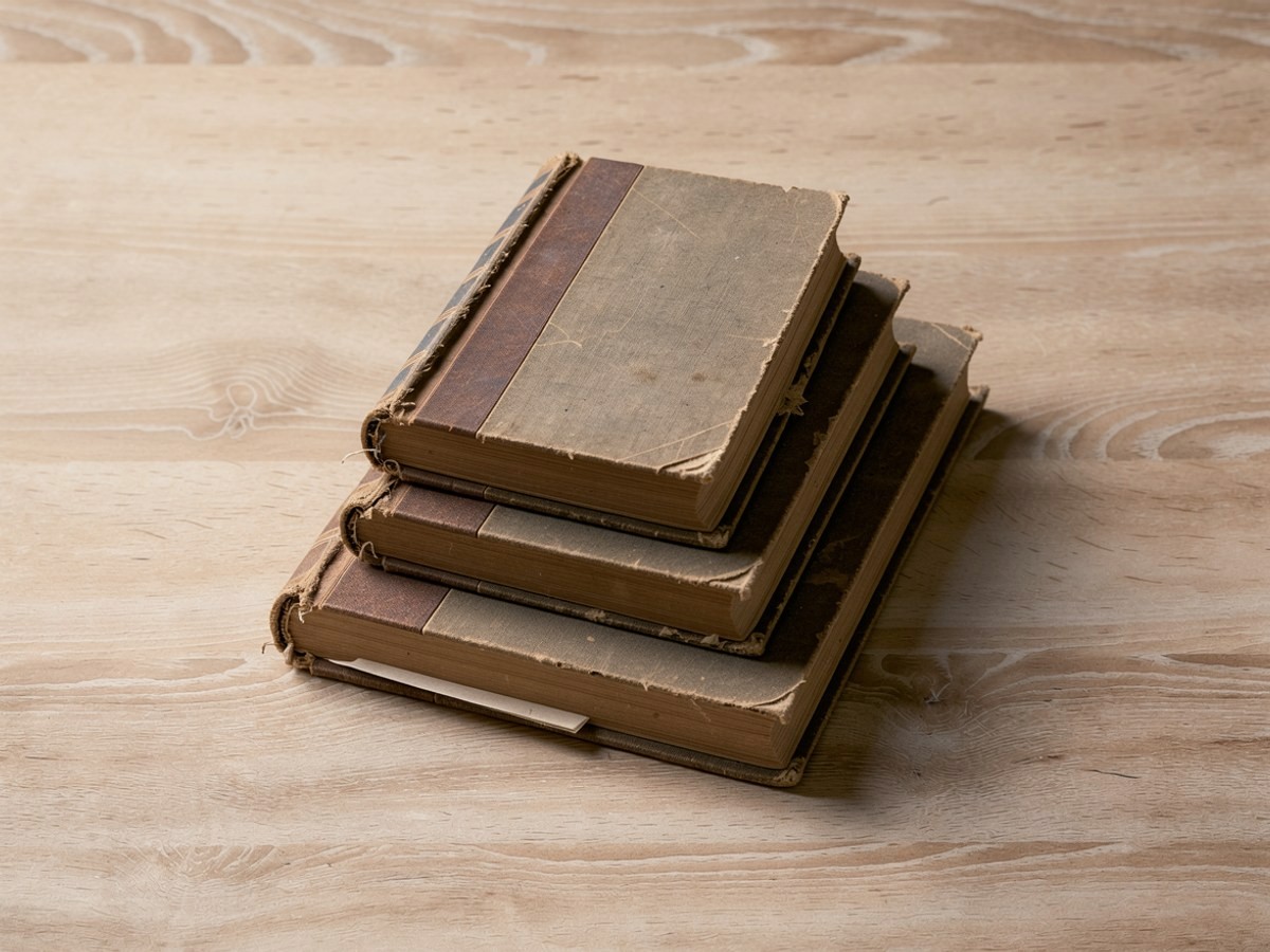 Ein Stapel aus drei Büchern auf dem Tisch: unten das dicke Buch mit dem Papierpaket darin, darauf zwei weitere Bücher als Gewicht