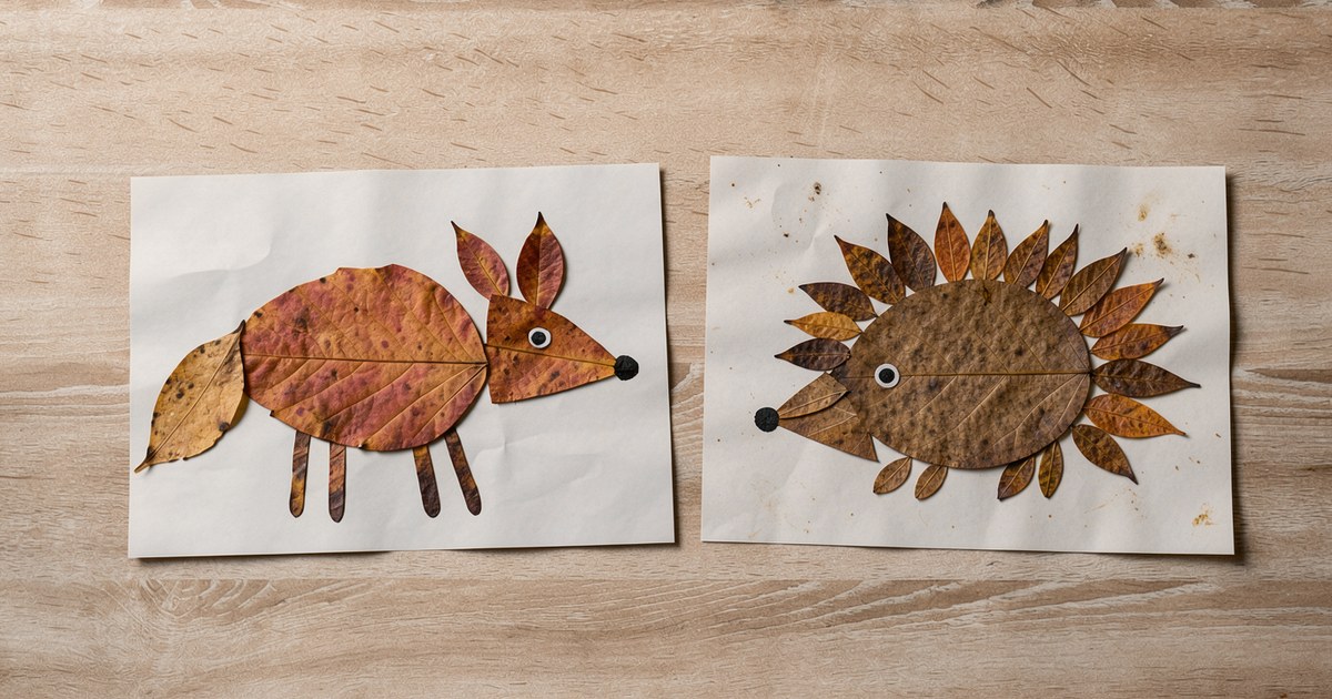 Zwei Blatt weißes Papier liegen auf hellem Holz, auf dem einen ein Fuchs aus Herbstblättern mit aufgemalten Augen und Beinen, auf dem anderen ein Igel aus vielen kleinen Blättern als Stacheln